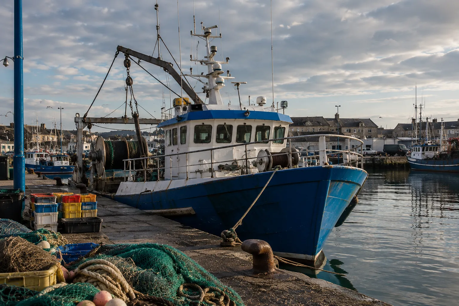 Bateau de pêche au port, mécanismes exposés à l’eau de mer