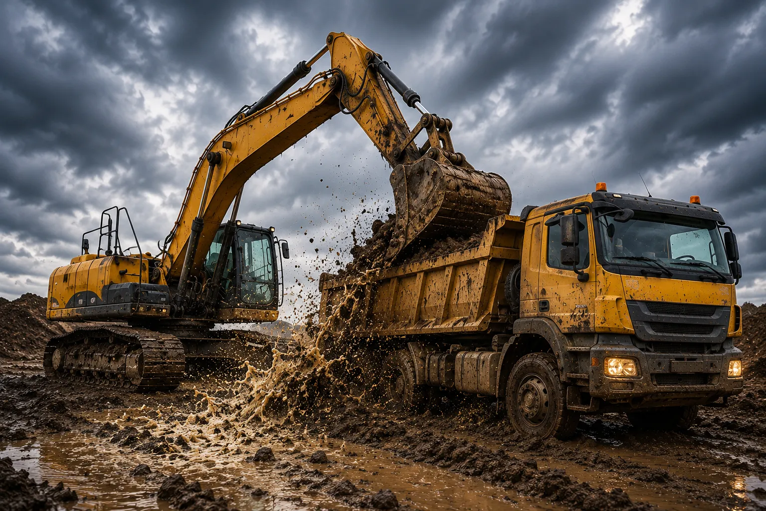 Pelle mécanique et camion de chantier dans la boue, mécanismes à protéger par une graisse haute performance
