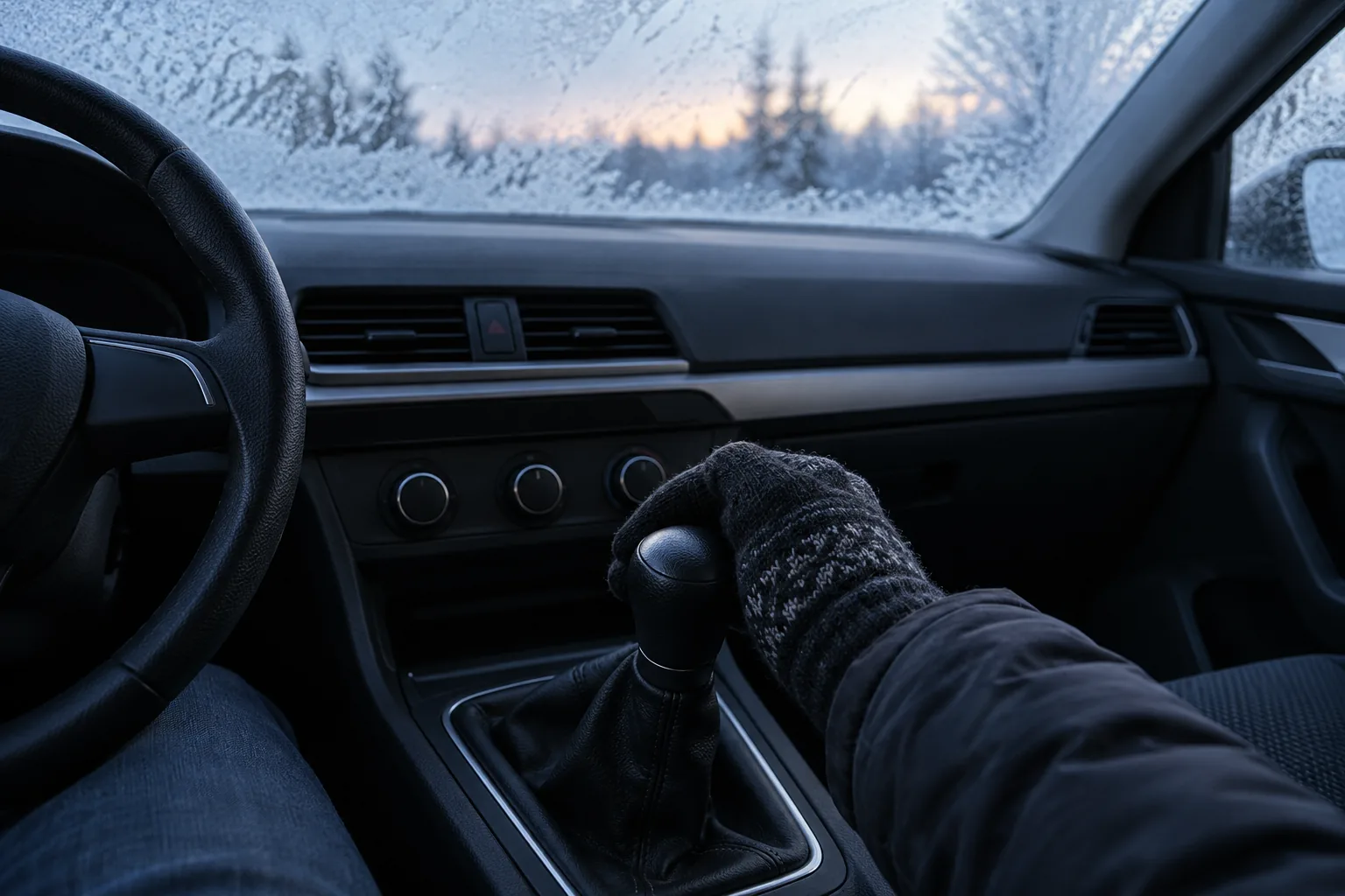 Main sur le levier de vitesses par un matin froid, boîte de vitesses dure