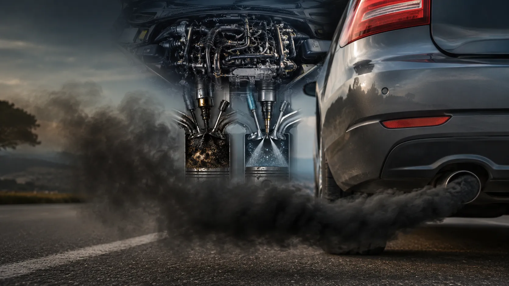 Fumée noire diesel à l’échappement d’une voiture lors d’une accélération