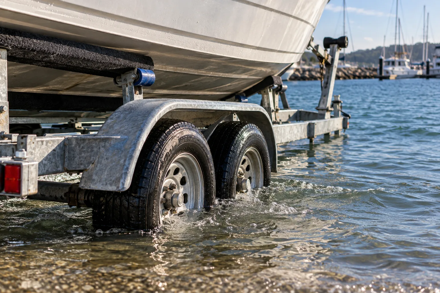Remorque porte-bateau à la mise à l’eau, roulements exposés à l’eau de mer