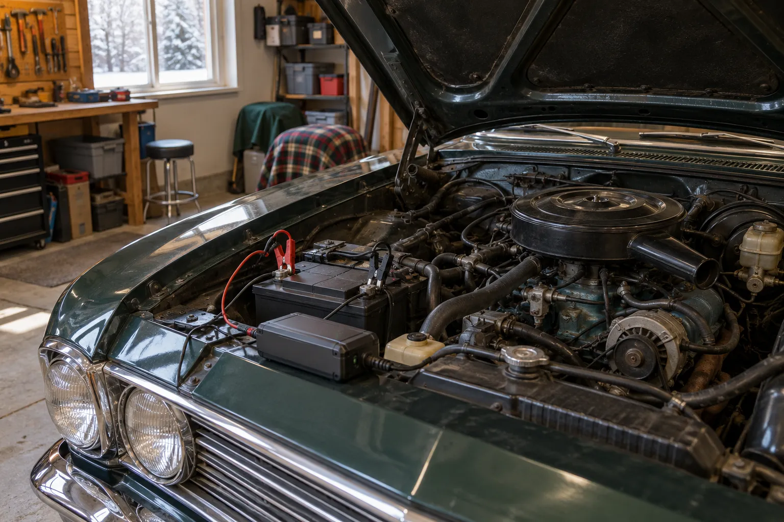 Mainteneur de charge branché sur la batterie d’une voiture ancienne pendant l’hivernage