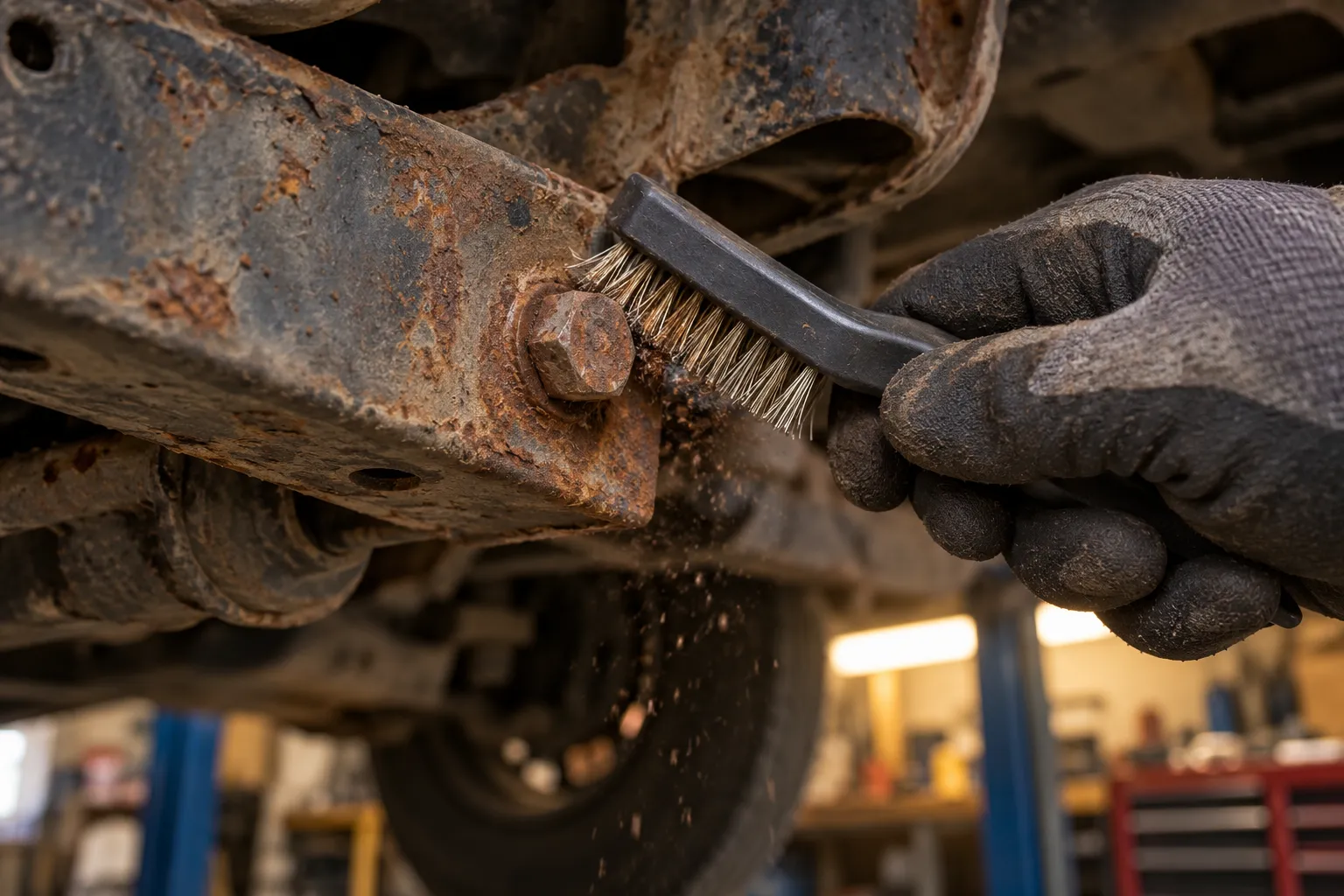 Brossage de la rouille sur la tête d’une vis grippée avant dégrippage