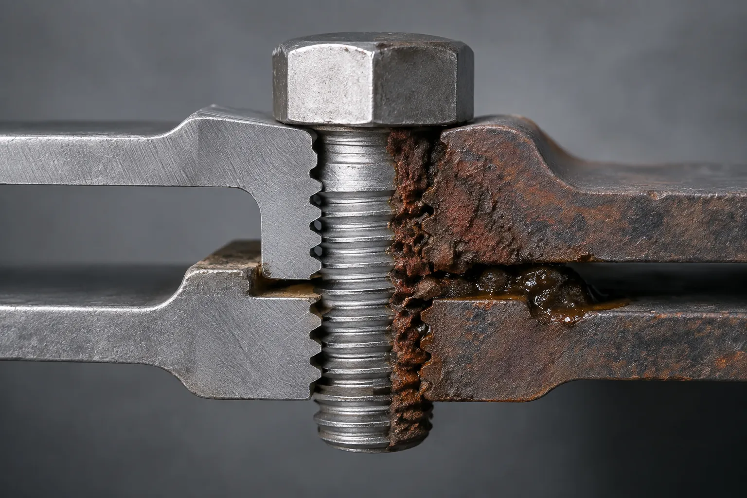 Vis grippée par la corrosion dans un assemblage métallique rouillé