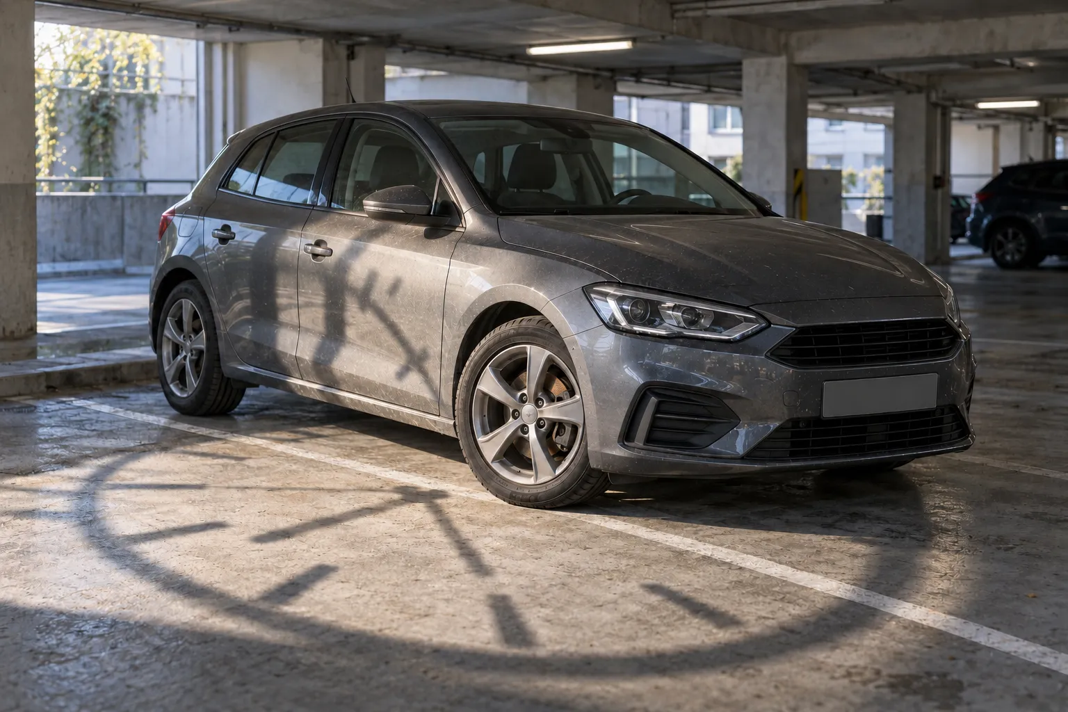 Voiture qui roule peu stationnée dans un parking souterrain