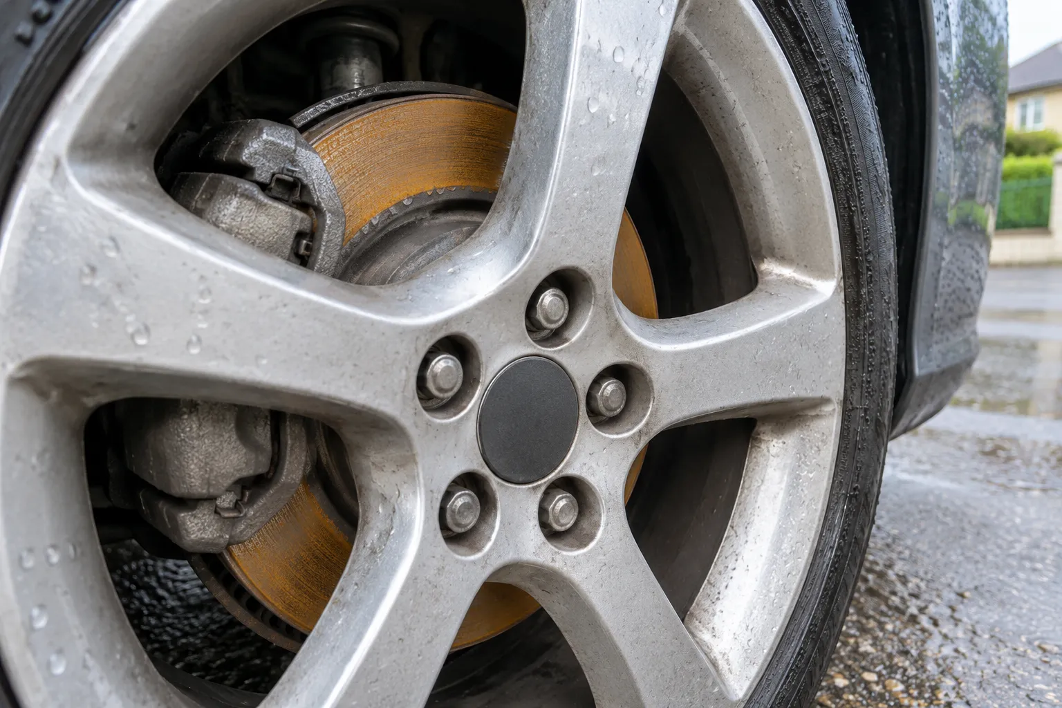 Voile de corrosion sur le disque de frein d’une voiture stationnée