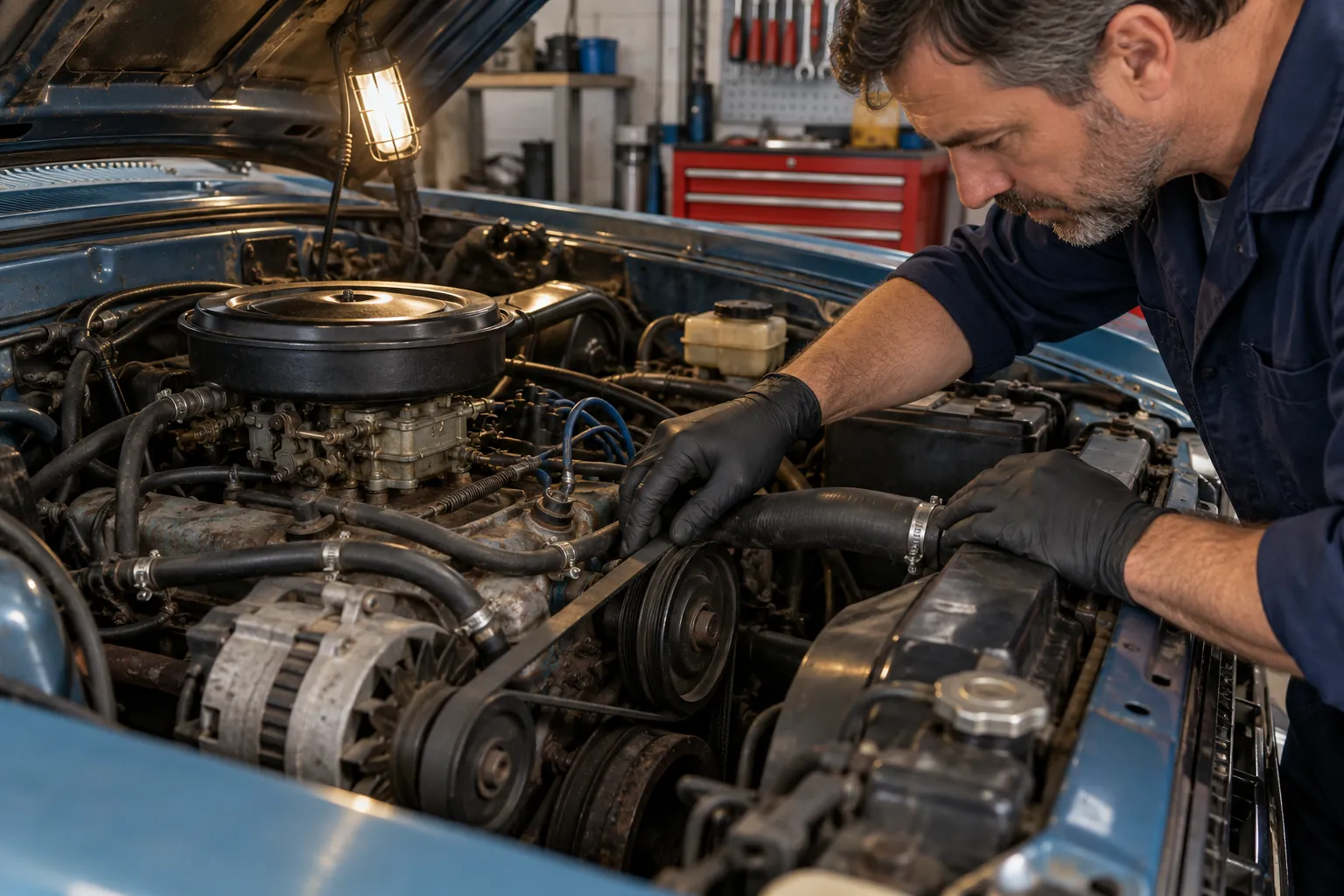 Entretien youngtimer : contrôle de la courroie et des durites d’un moteur à carburateur