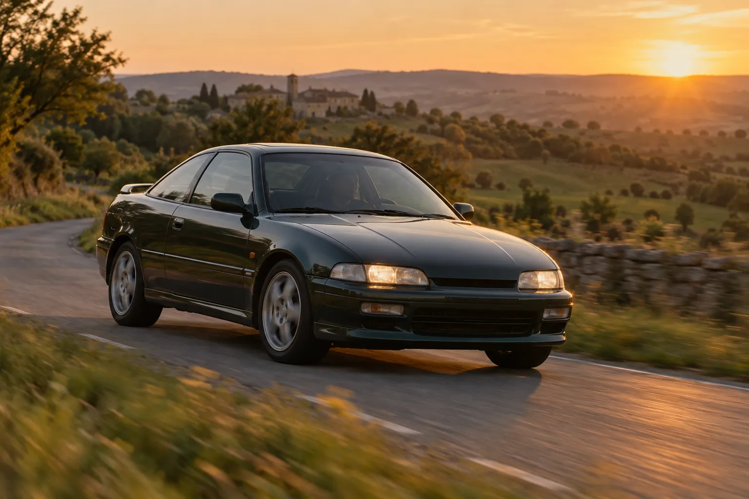 Youngtimer des années 1990 sur une route de campagne au coucher du soleil